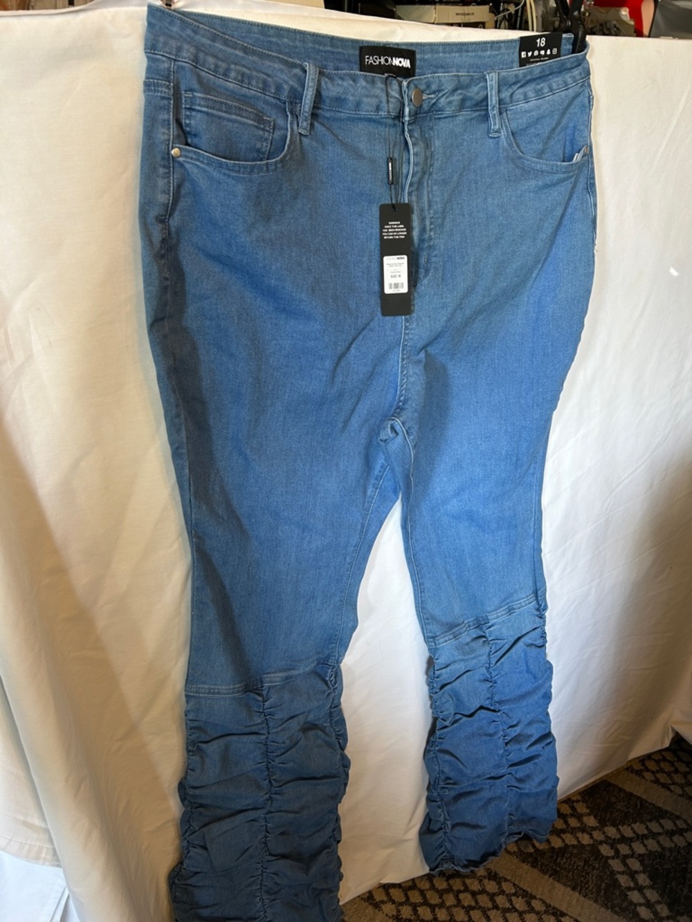 Fashion Nova Light Blue Ruched Hem Flare Jeans